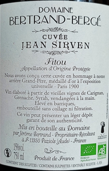 Domaine Bertrand Bergé Cuvée Jean Sirven 2022, AC Fitou, Rotwein, trocken, 0,75l